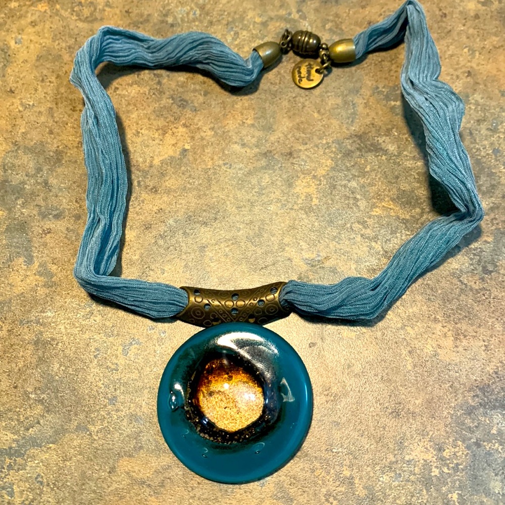 New Handmade Blue Chiffon Statement Necklace w/Fused Glass